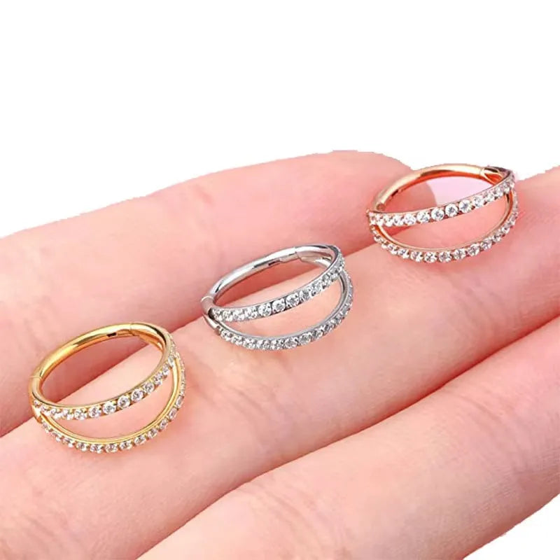 G23 titanium alloy piercing ring with zircon diamond-like coating in gold colour, showing thickness and length dimensions