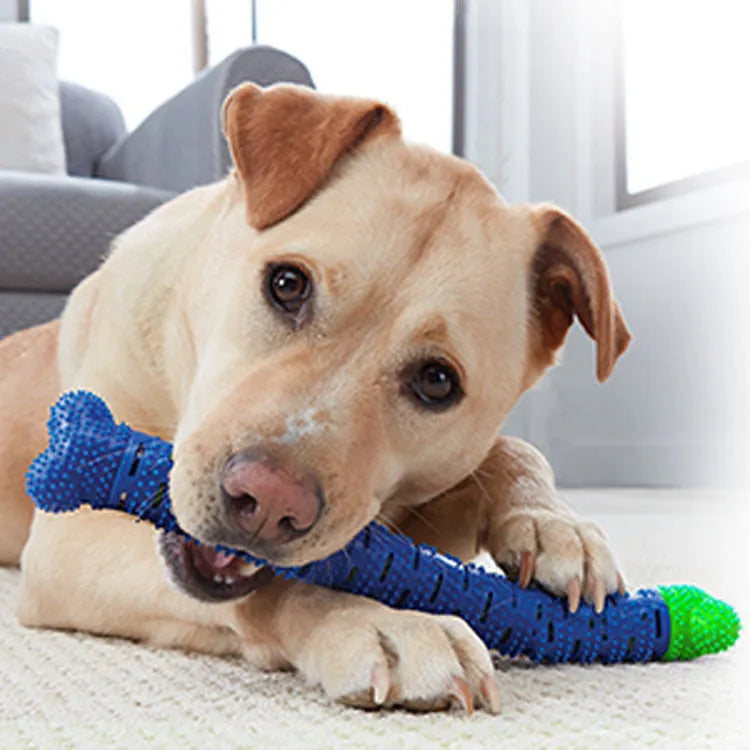 Blue-green silicone dog dental cleaning stick with textured surface and inner bristle core