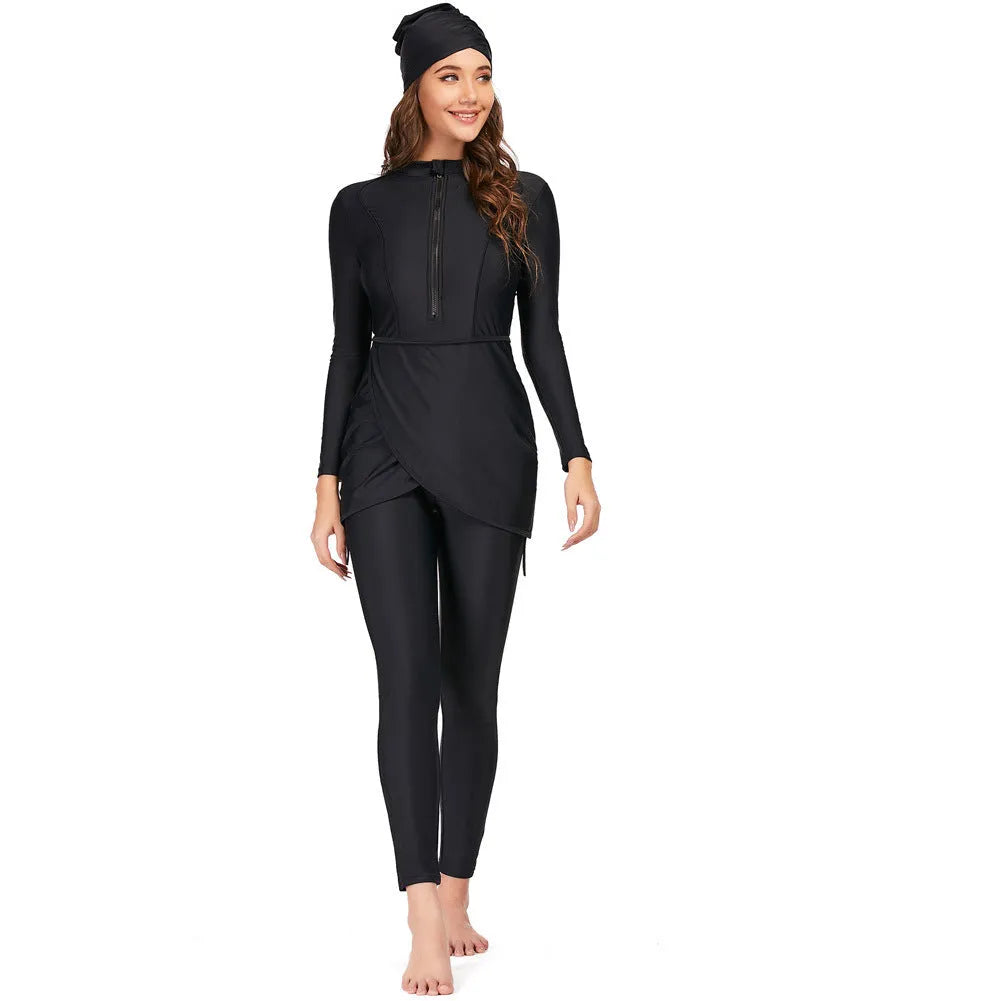Black modest conservative swimsuit set with top and pants for Muslim ladies