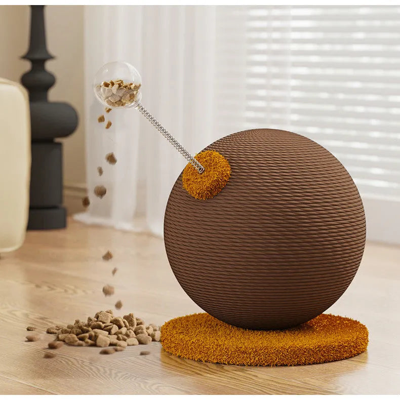 Hemp rope cat scratch board with cat grasping ball toy featuring tumbler mechanism