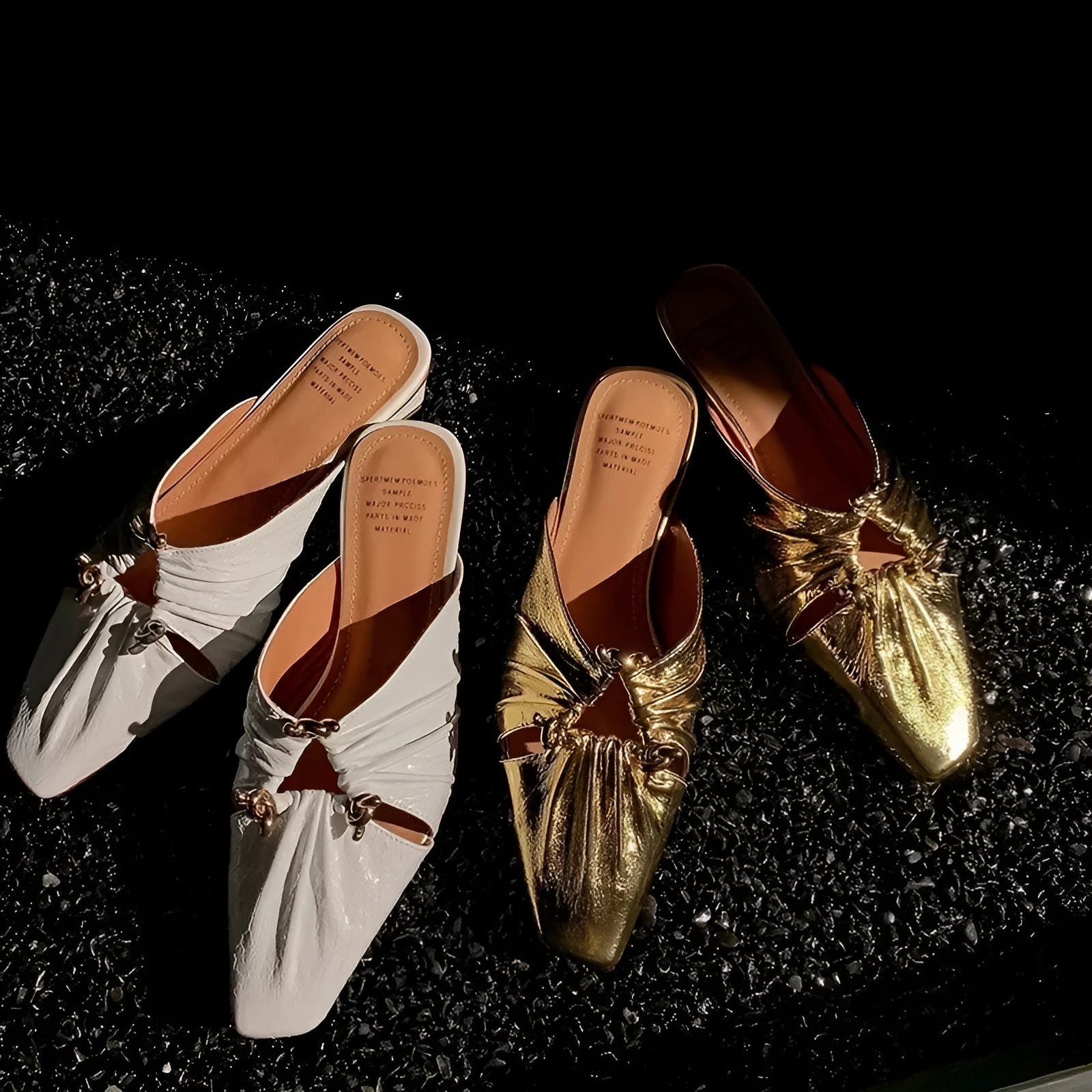 Genuine leather women's half toe cap slippers in gold with low TPR sole and square toe shape