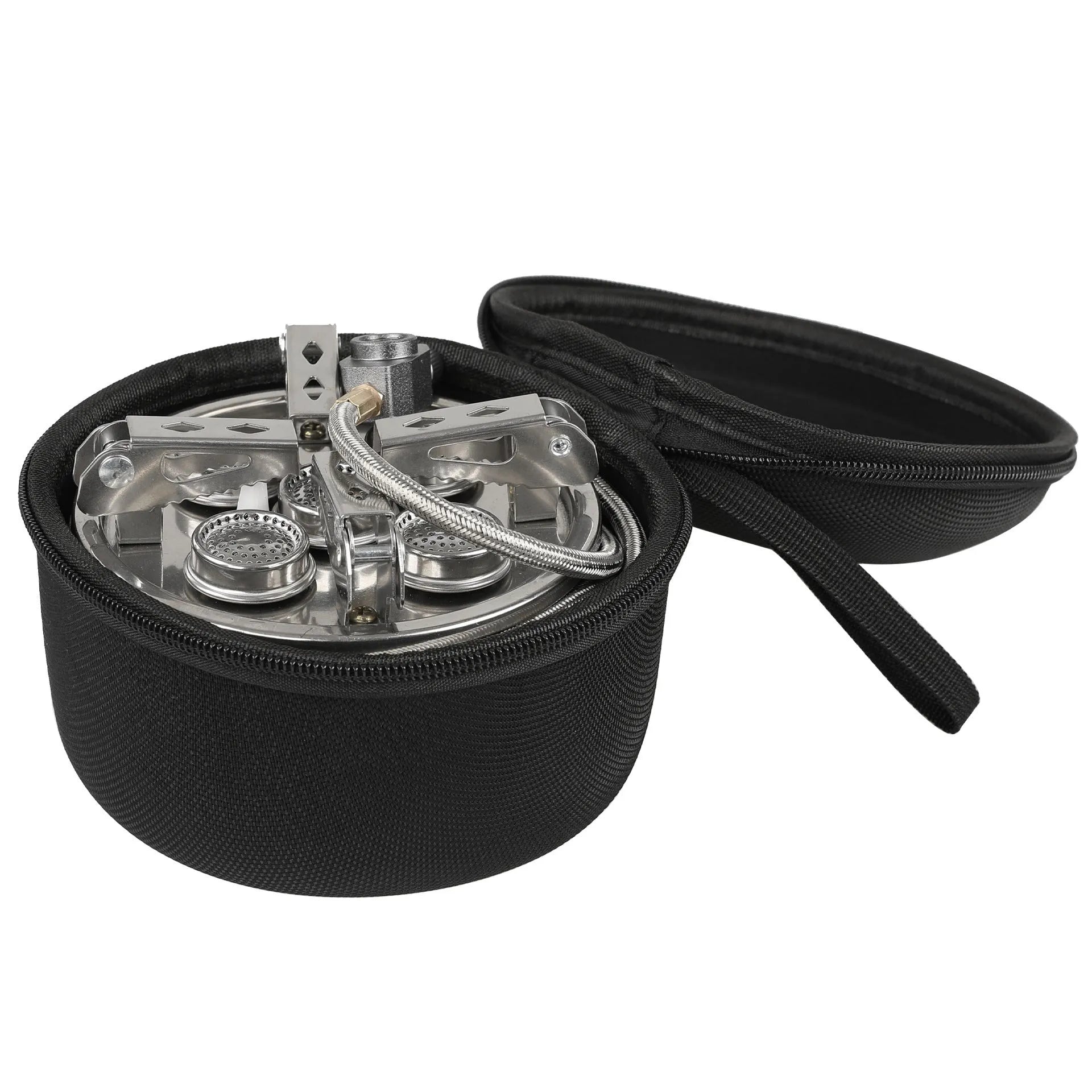 Silver portable split camping stove with stainless steel construction and fuel hose