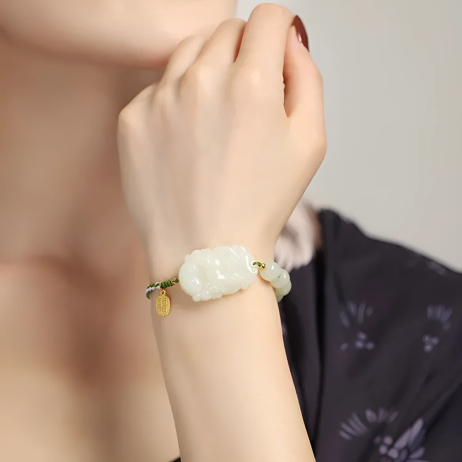 Year of Rabbit Hetian jade bracelet with S925 silver blessing card on red ice cotton rope