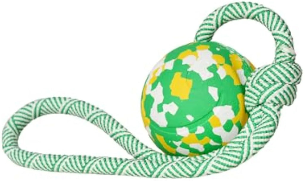 Dog rope ball toy with a solid rubber ball and nylon rope for fetch and tug games