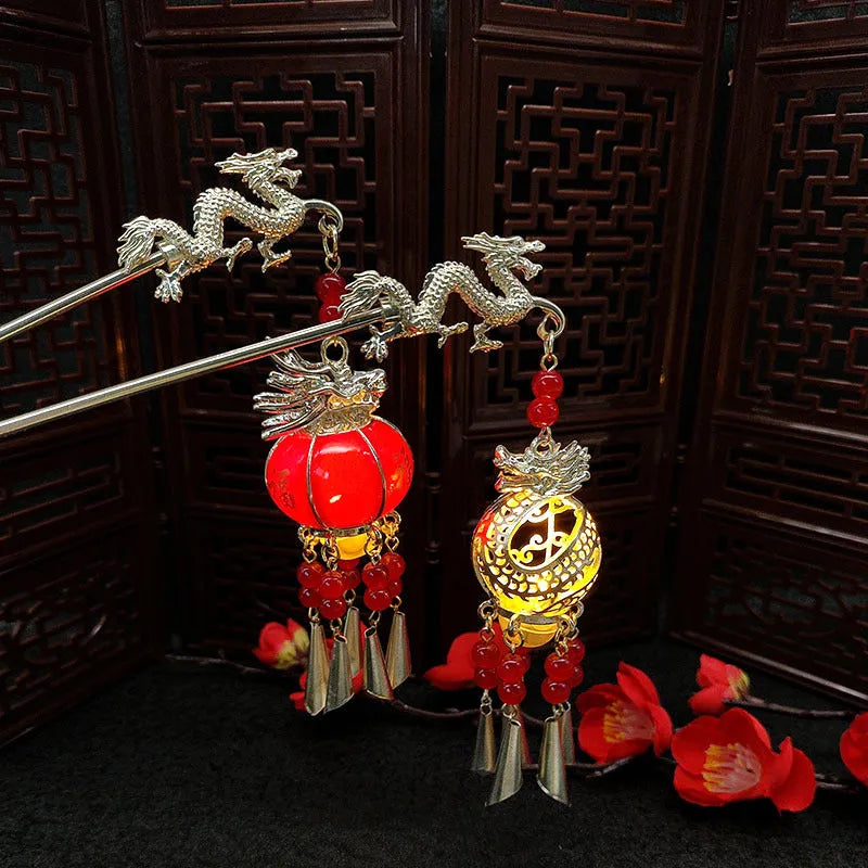 Dragon year luminous lantern hairpin with pearl finish and retro geometric design