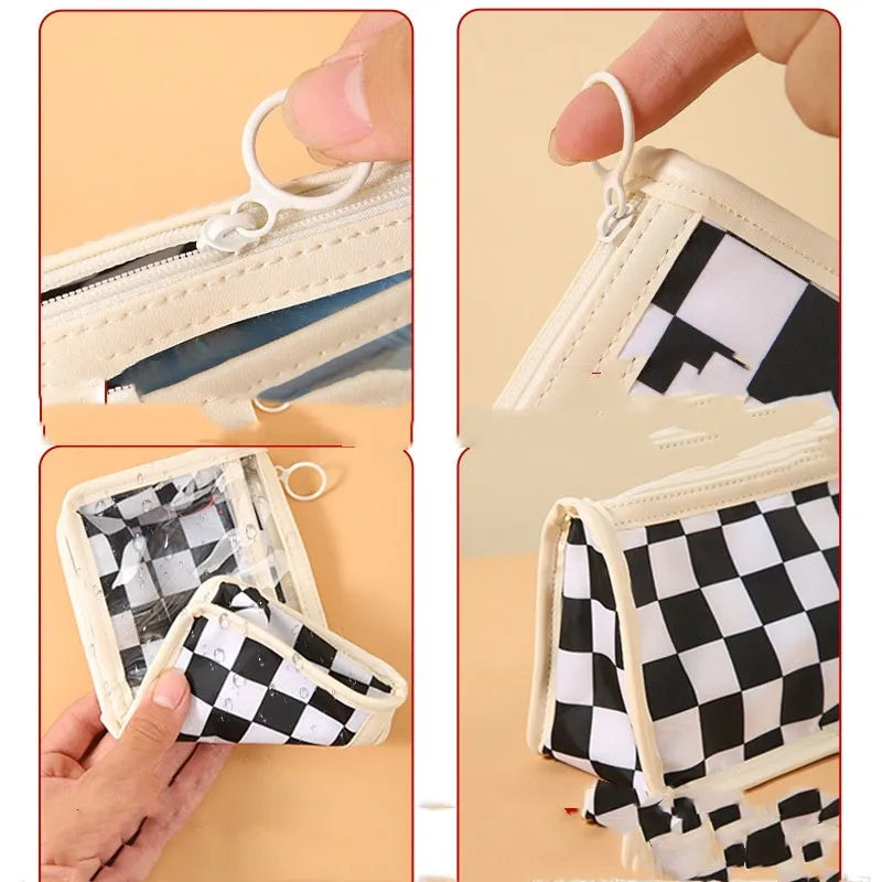 Transparent PVC pencil case with chessboard pattern showing writing instruments inside