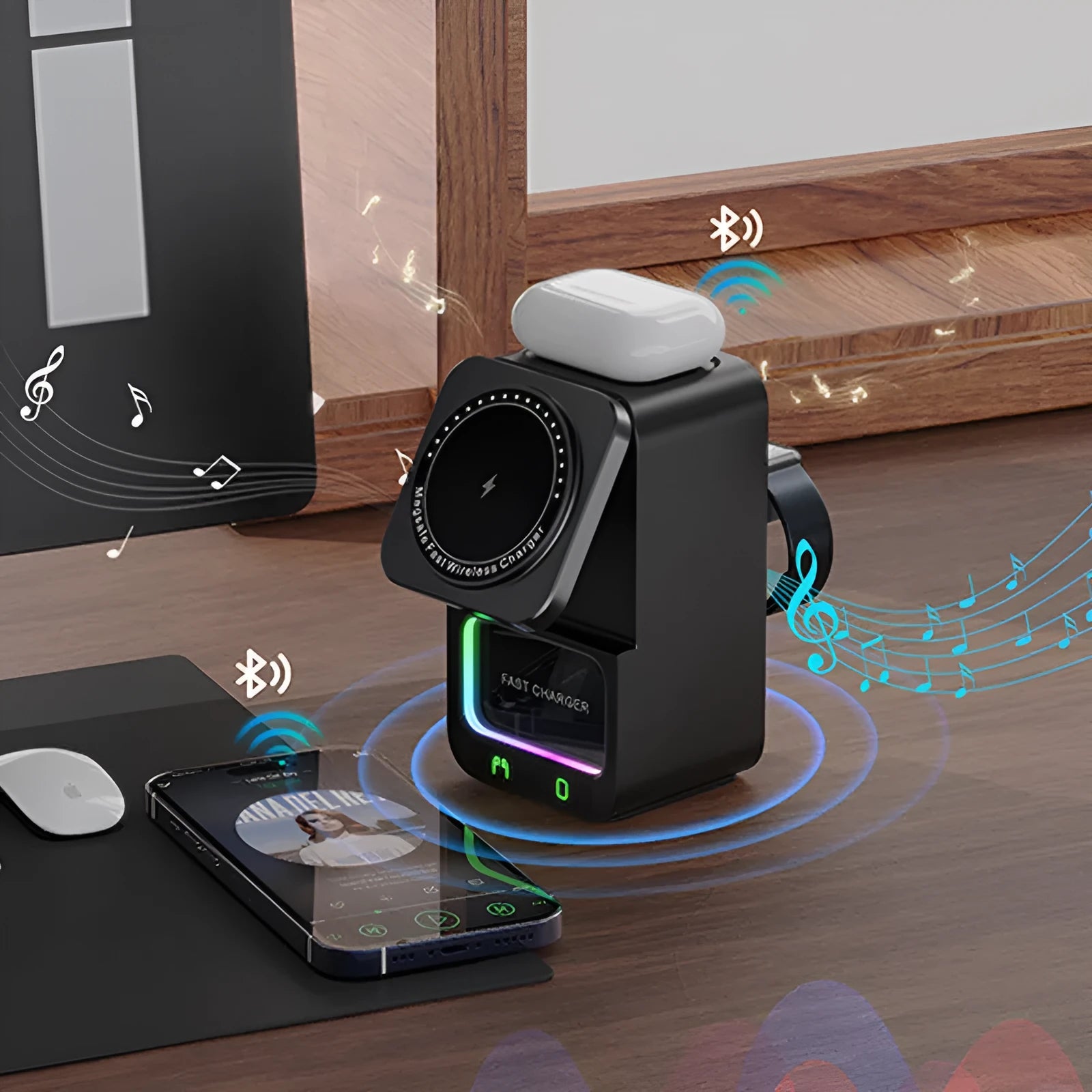 White Bluetooth speaker with wireless charging station showing magnetic attachment area for smartphones