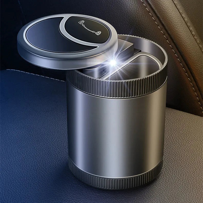 Automatic sensing ashtray in Deep Sky Grey with USB cable on car cup holder