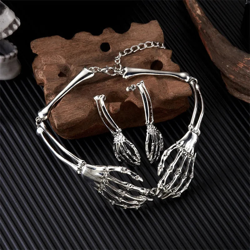 Dark style skull ghost claw necklace earrings set electroplated alloy silver black women