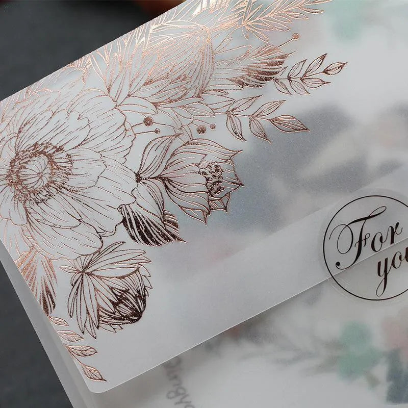 Sulfuric acid paper invitation card with bronzing matte varnish and gold stickers, 12.5x17.6 cm