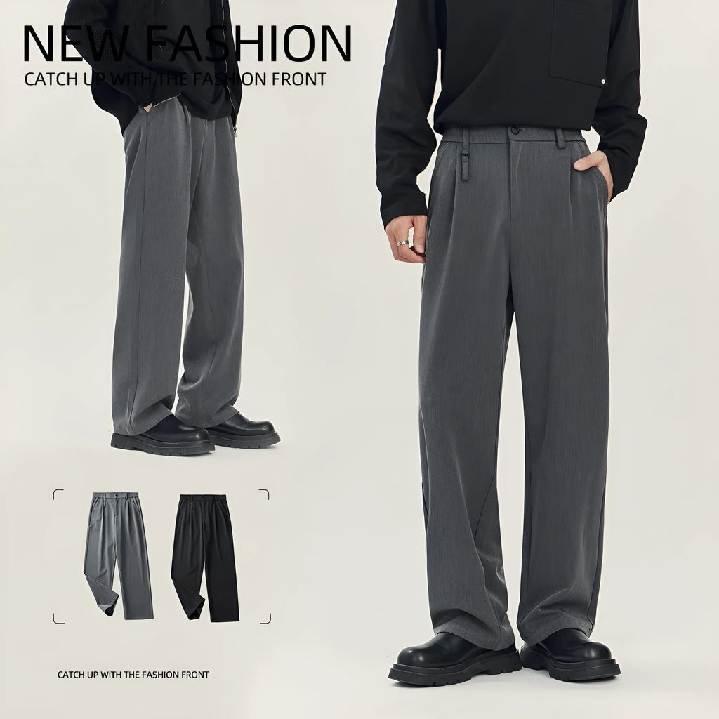 Business casual draping suit pants in black with loose straight leg and solid colour design