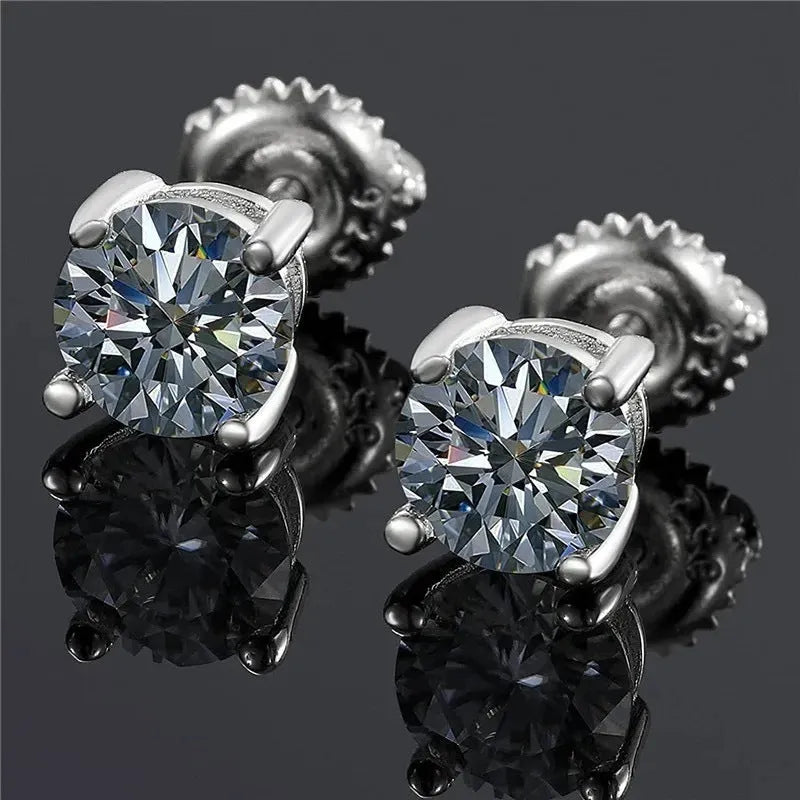 Geometric silver moissanite stud earrings with screw four claw setting, shown with certificate and black card.