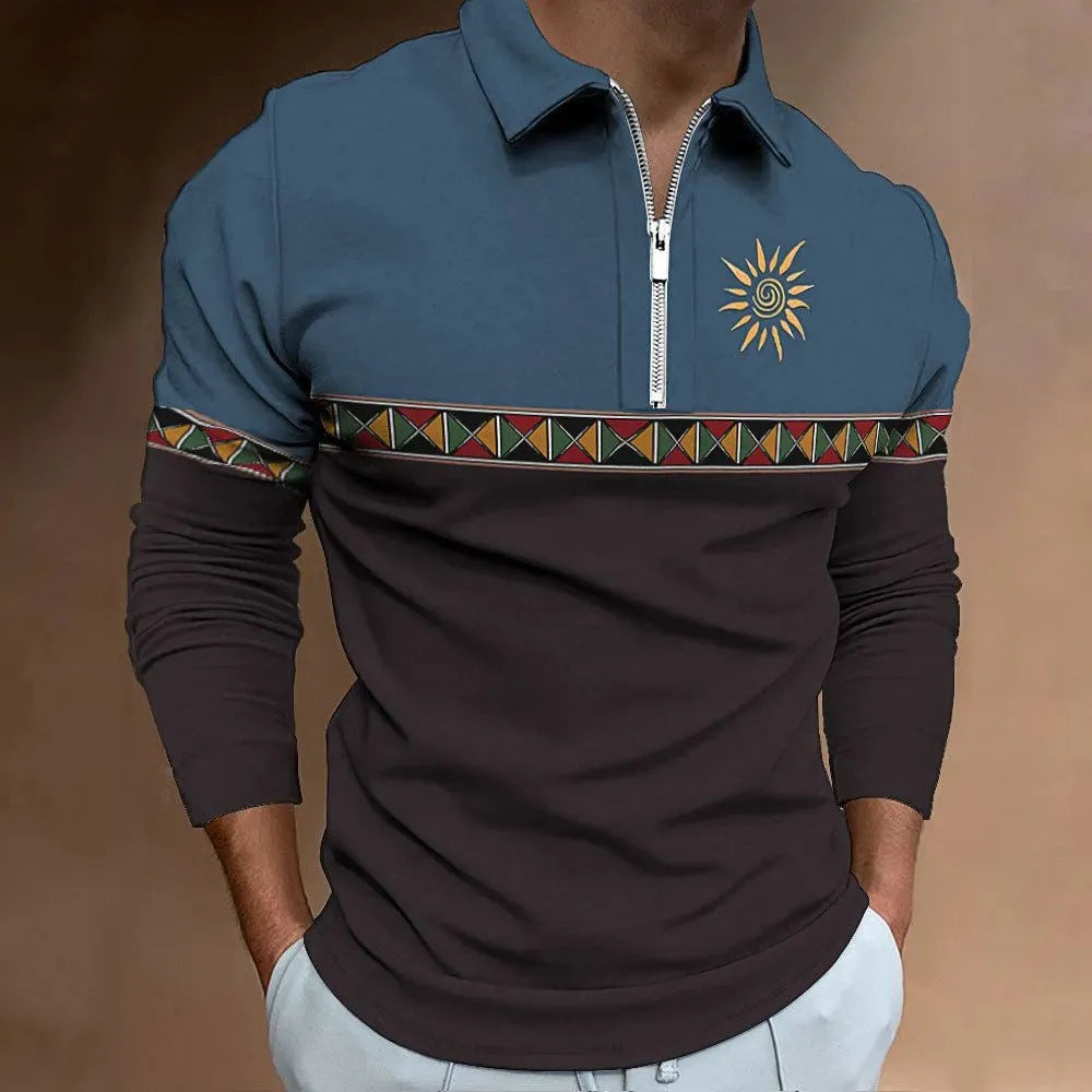 Men's loose-fit long sleeve polo shirt with retro colour printing and striped pattern.