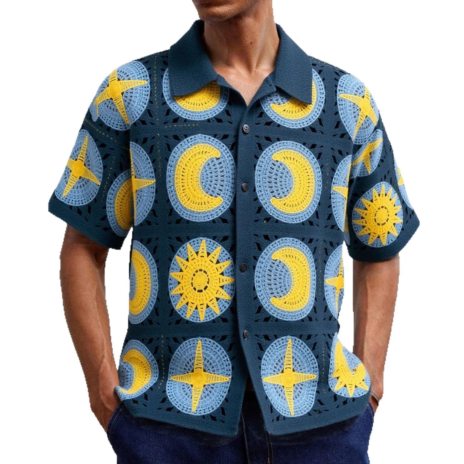 Men's navy blue short-sleeved cardigan with cartoon flocking pattern, displayed on model for casual summer wear