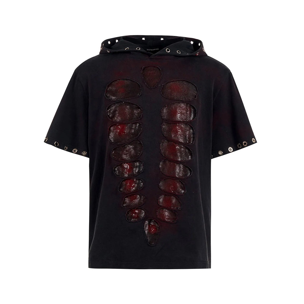 Black men's hooded short-sleeve t-shirt with all-over sequin coverage in loose fit