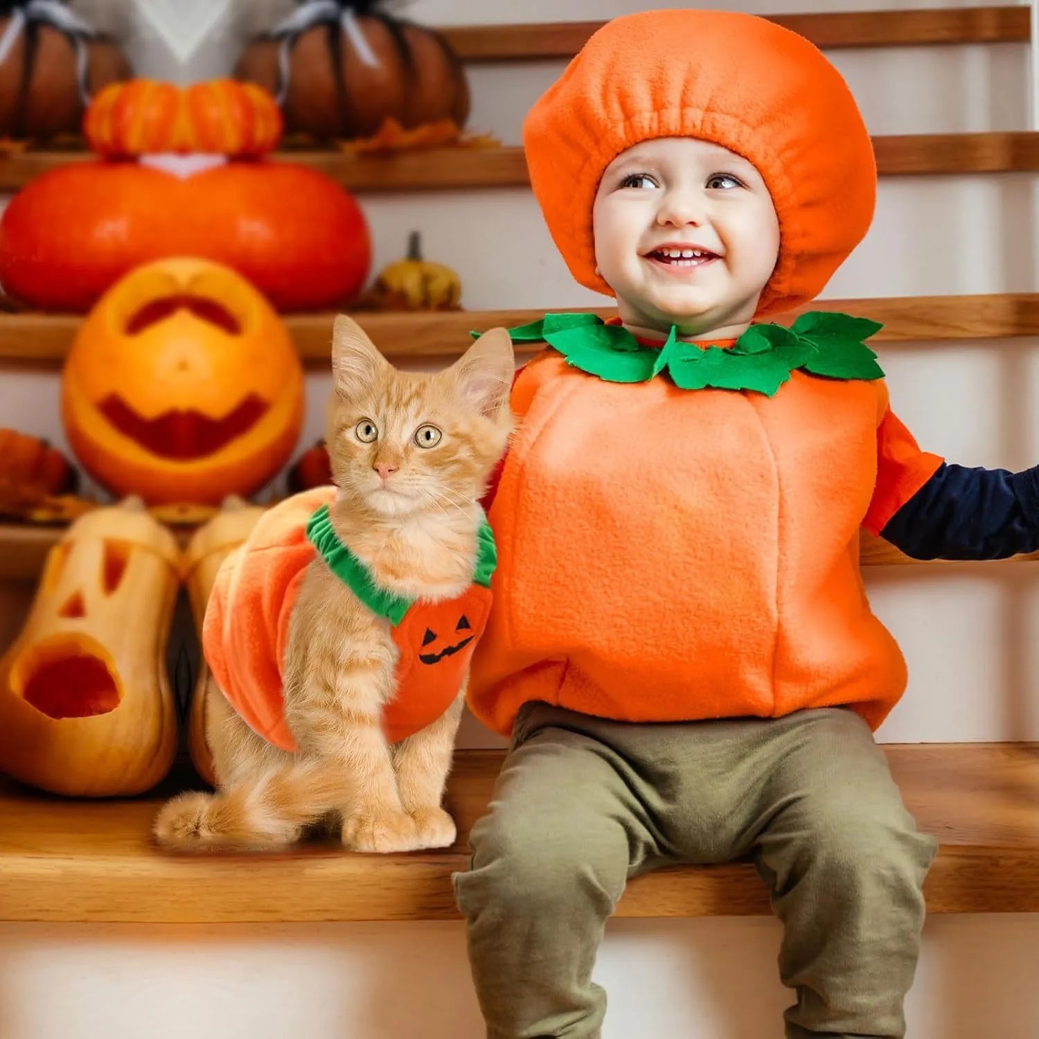 Thick plush pumpkin dog Halloween costume on a small dog with orange pumpkin design