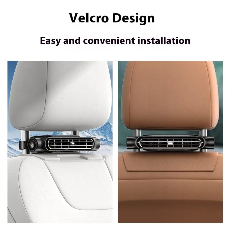 USB-powered car fan with Velcro strap, no-leaf blades, and brushless motor in beige colour on a car seat headrest.
