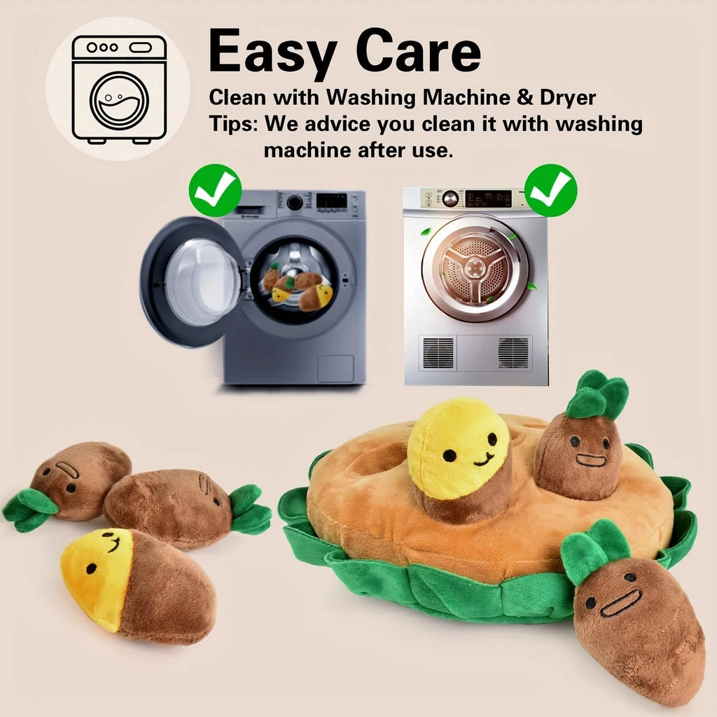 Yellow dog puzzle mat with removable squeaky plush toys for slow feeding and foraging games