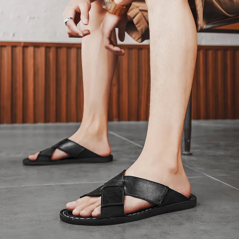 Men's genuine leather slip-on beach sandals in black with pigskin upper and rubber sole