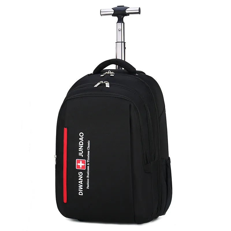 Black 18 inch nylon backpack trolley bag with letter pattern and shoulder strap for business travel