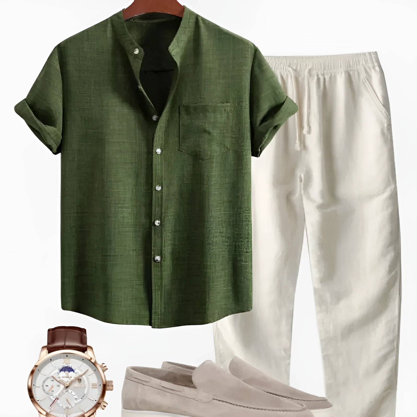 Men's stand collar slim-fit digital print short-sleeved shirt in blue set, with matching trousers, shoes, and watch