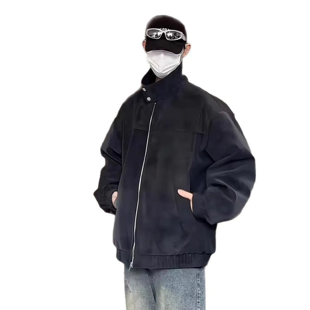 Grey tie-dyed PU leather men's jacket with a stand collar and side pockets on a hanger.