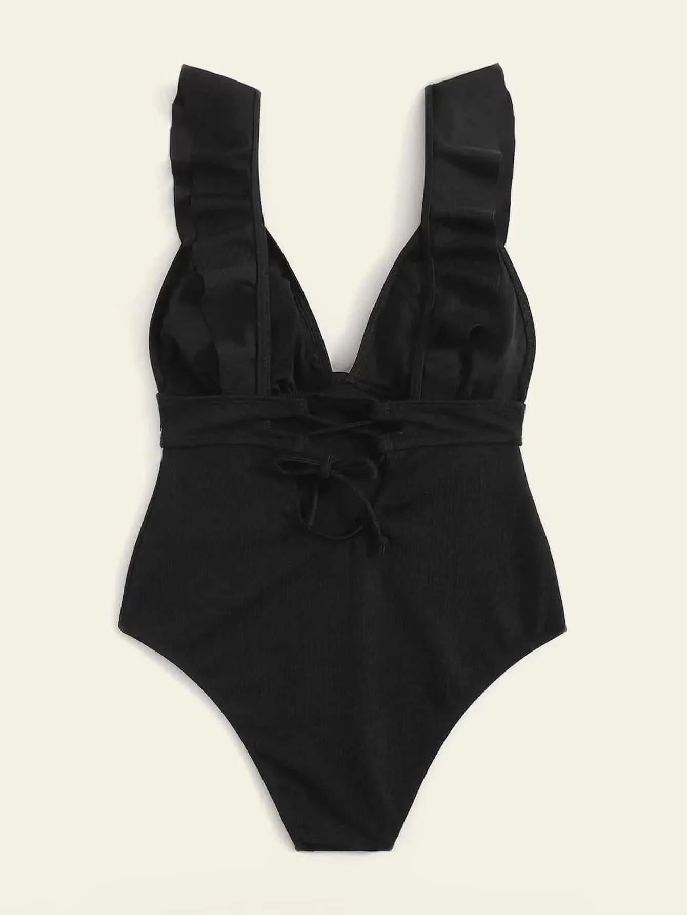 Women's one-piece solid-colour swimsuit with ruffled shoulder straps and back lace, black colour