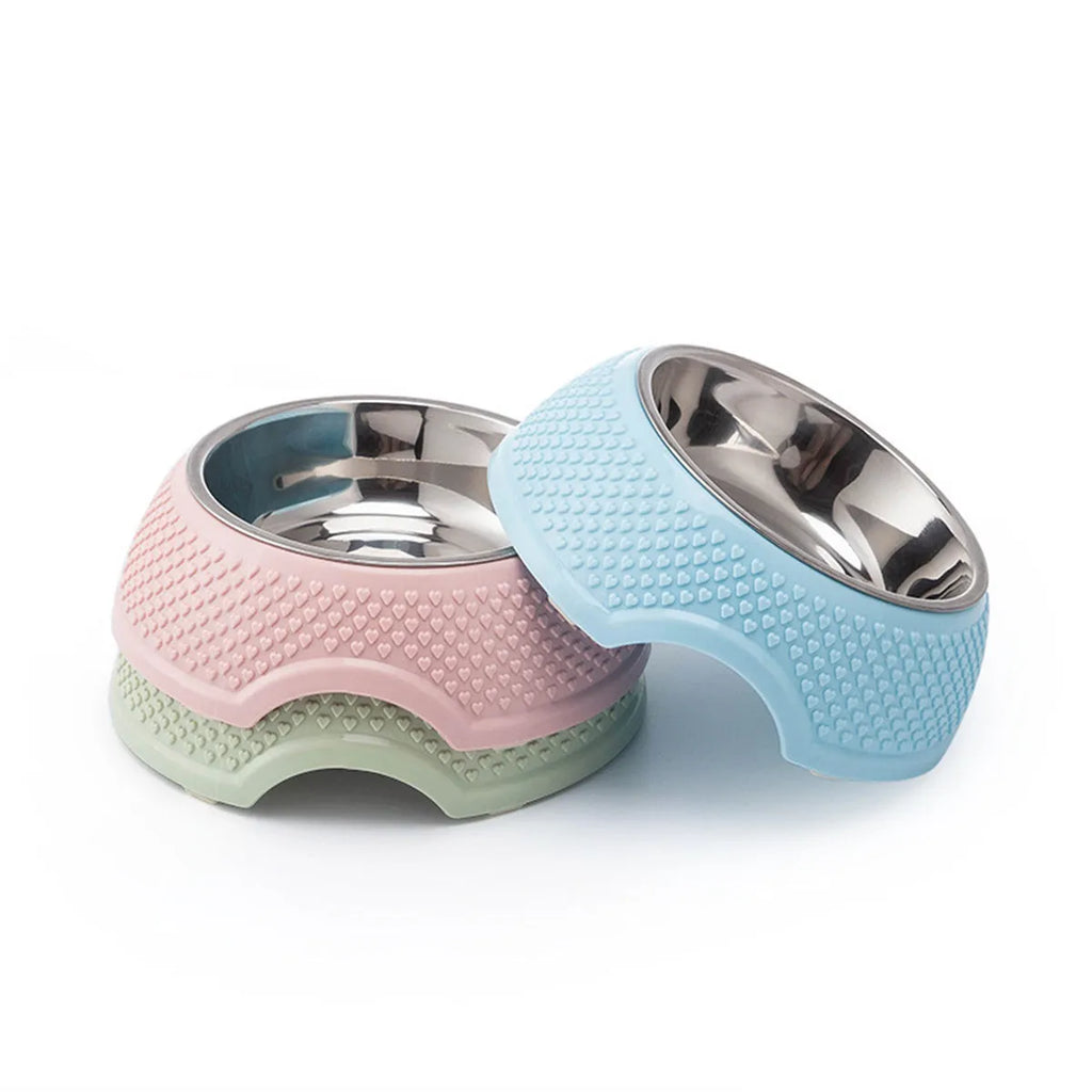 Stainless steel pet bowl with non-slip base in blue, green, or pink colour options