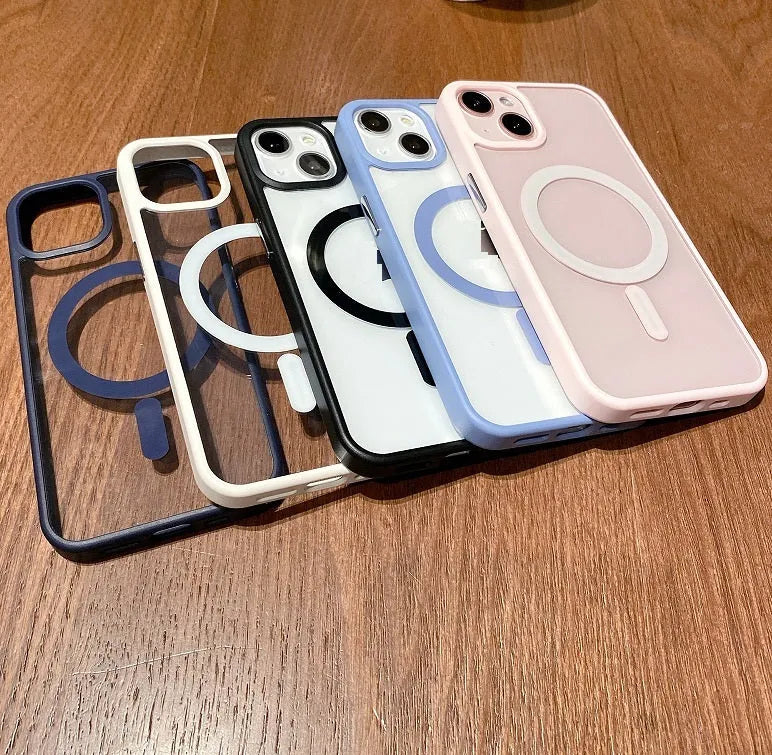 Transparent acrylic MagSafe phone case for iPhone 12/13 with TPU bumper in pink colour on white background