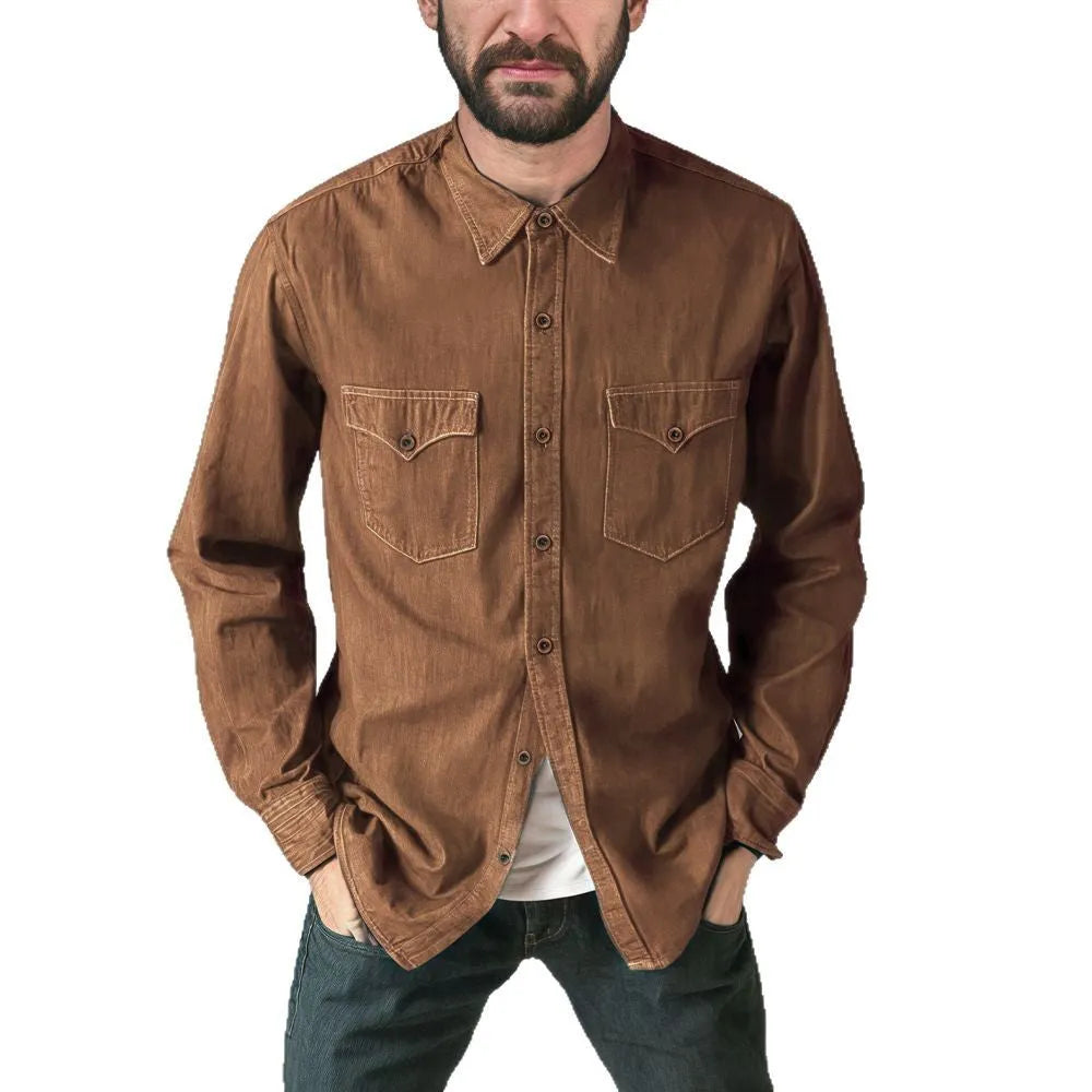 Man wearing a regular fit denim cardigan coat in khaki, showing the open front and cardigan style.