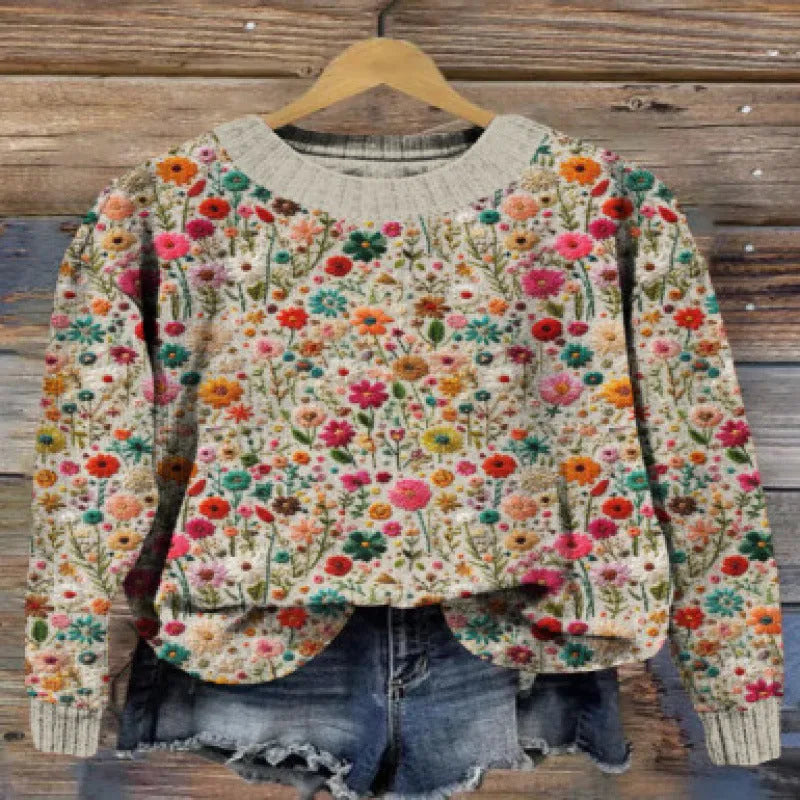 Women's floral printed round neck sweater in polyester available in multiple colours and sizes