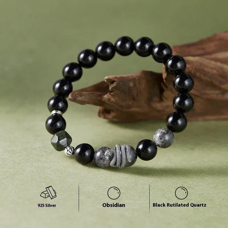 Men's black obsidian snake bracelet in sterling silver with retro zodiac design