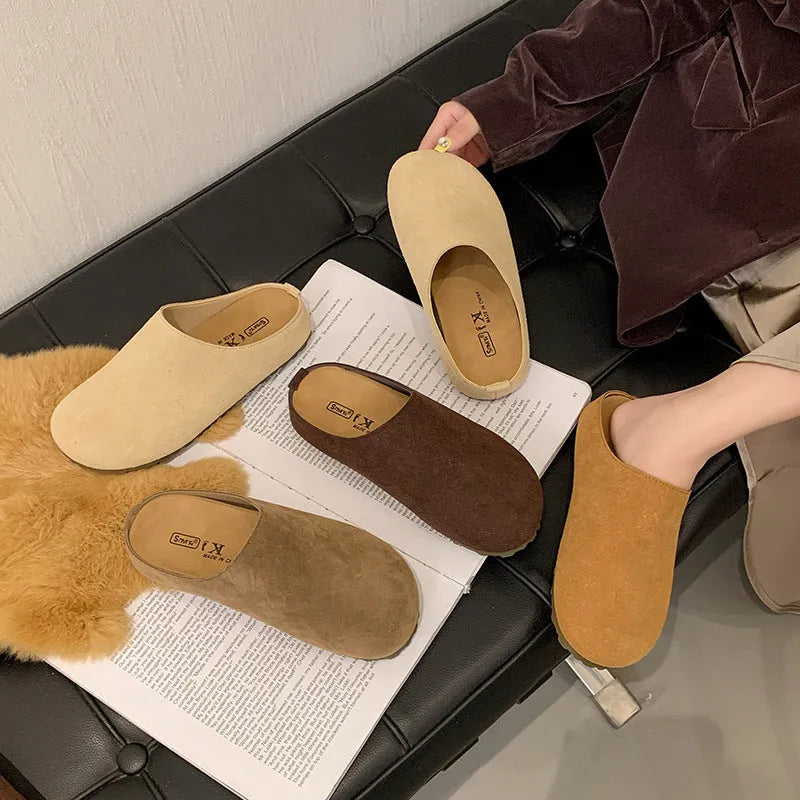Korean style square toe slippers in apricot colour with microfiber upper and PU sole