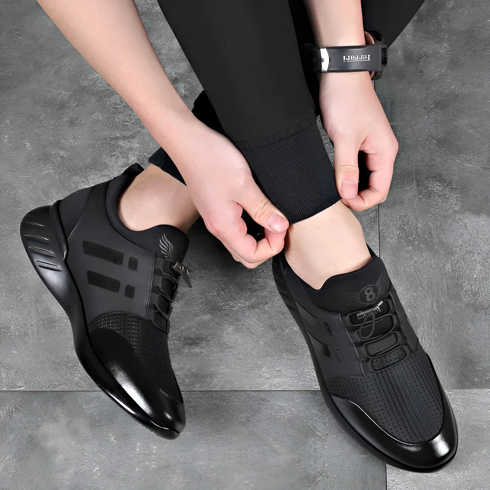 Men's black height increase casual sneakers with genuine leather uppers and hidden heel elevation