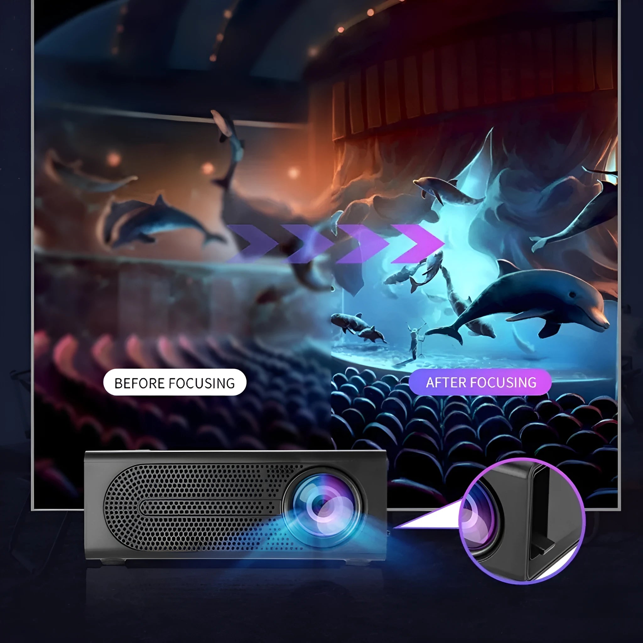 Black portable mini projector with wired mobile phone connectivity and compact design