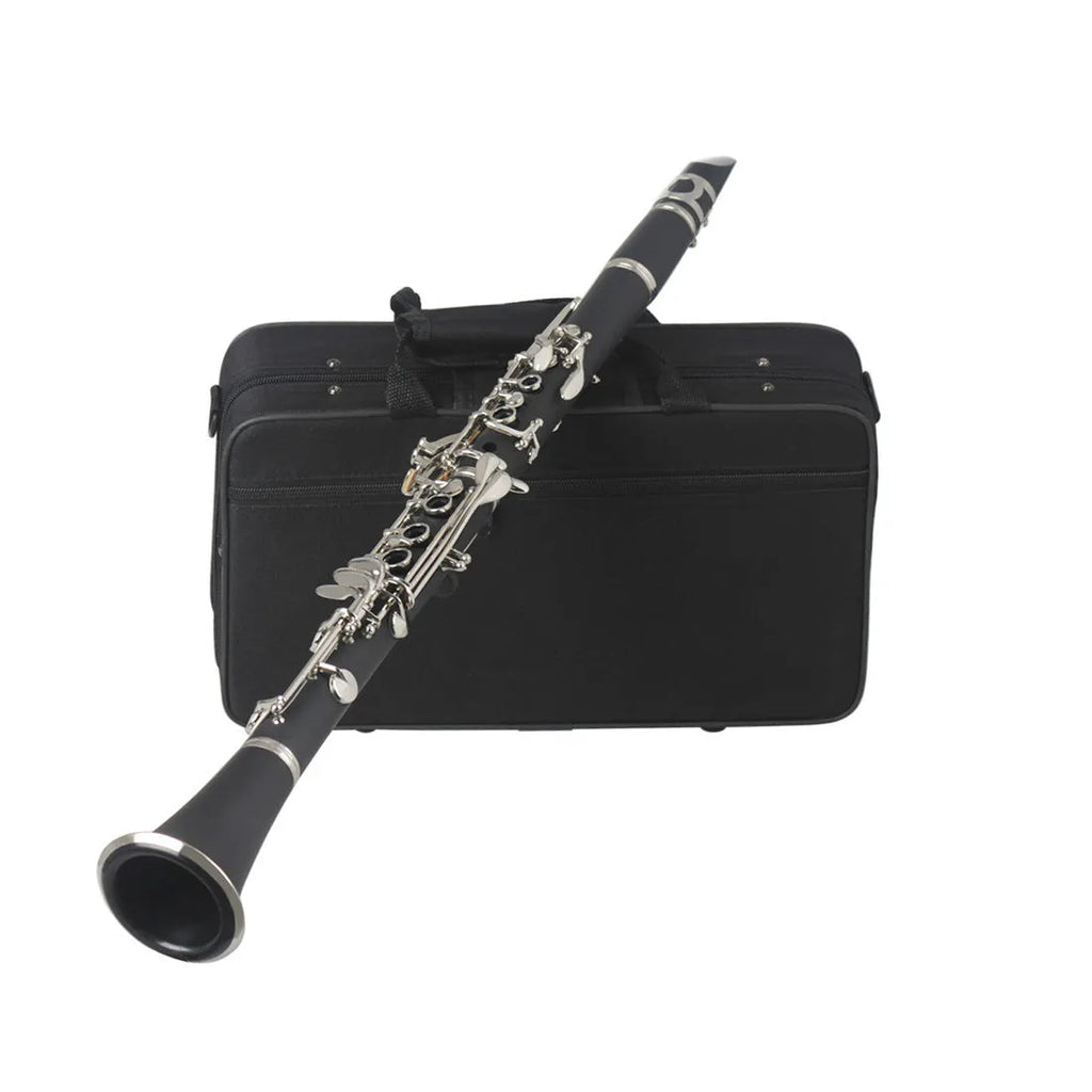 Black Bakelite clarinet with nickel-plated keys and carrying bag for beginner musicians