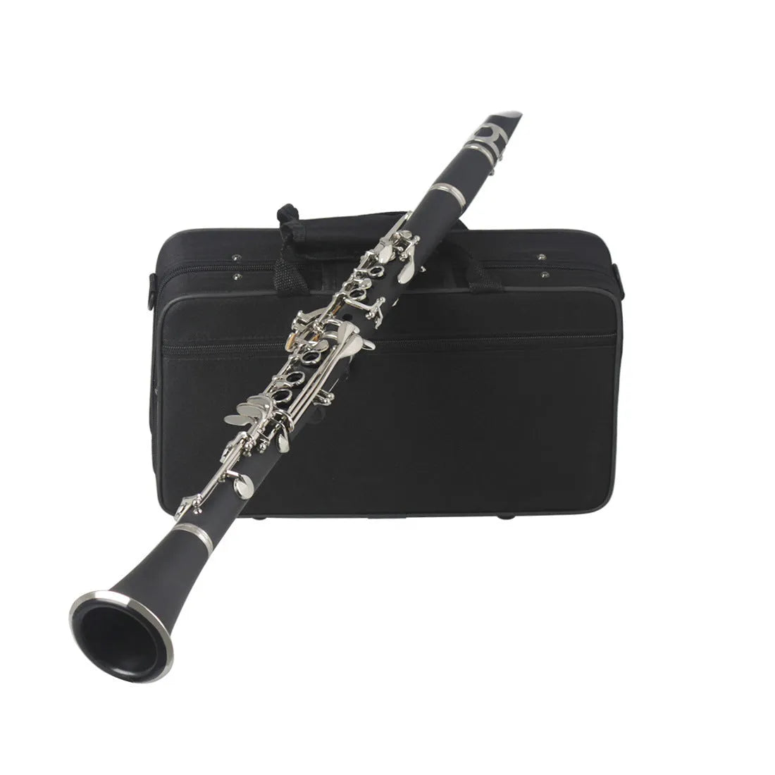 Black Bakelite clarinet with nickel-plated keys and carrying bag for beginner musicians