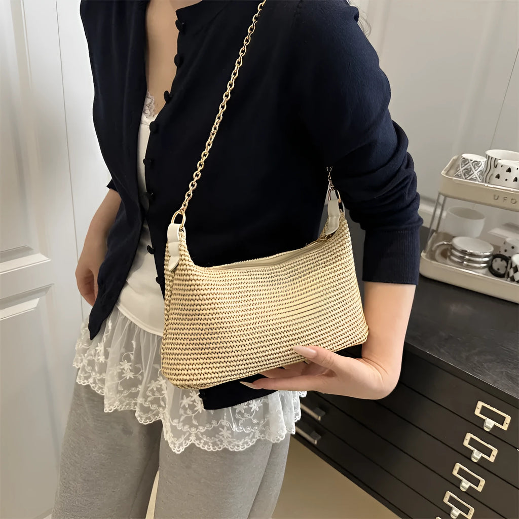 Women's woven straw crossbody bag in khaki with mobile phone pocket, 27cm width