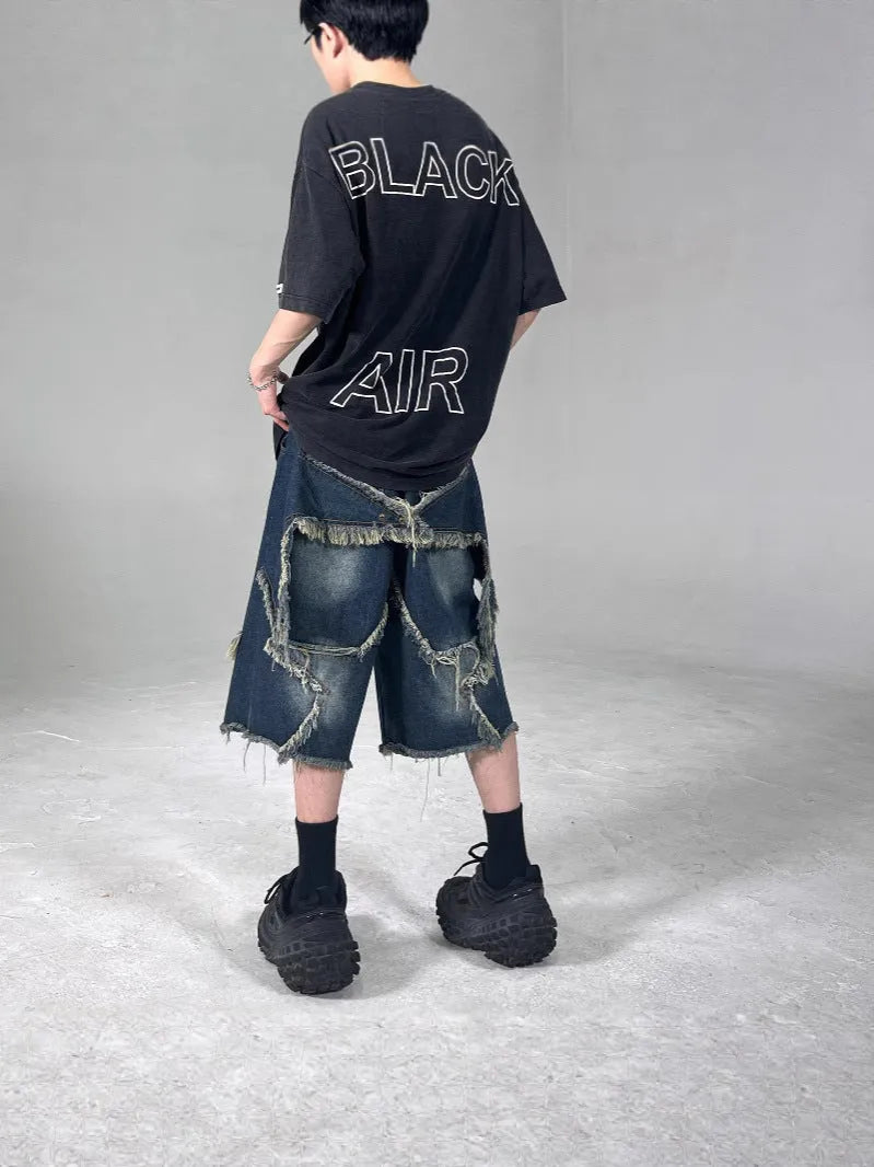 Blue denim shorts with frayed five-pointed star embroidery, loose fit summer shorts