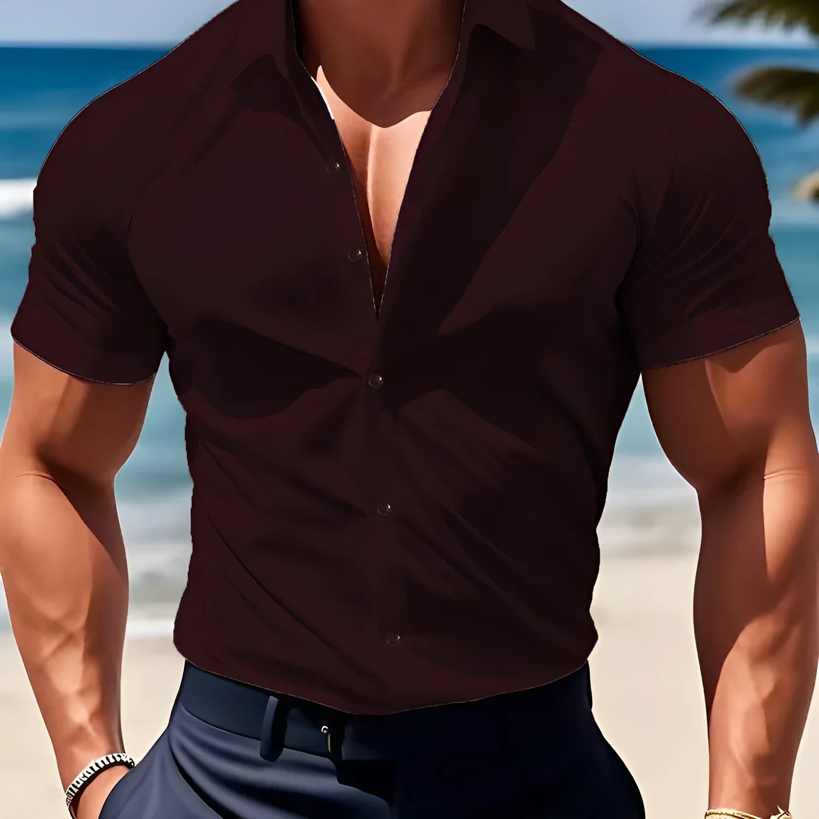 Men's short sleeve printed casual shirt in polyester fabric with collar