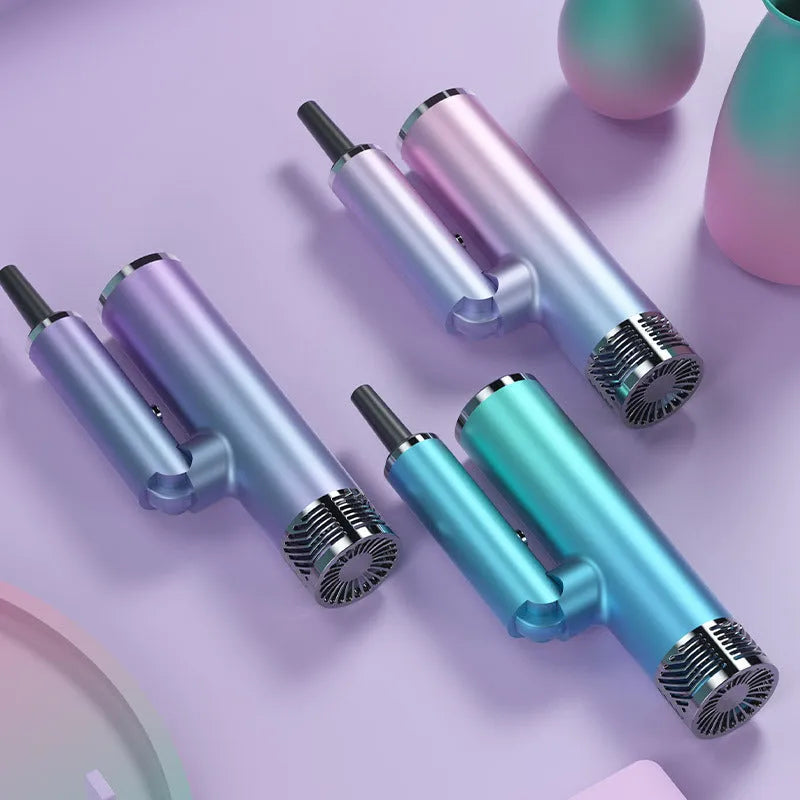 Foldable hair dryer in green and purple with compact folded design for portable travel and home use