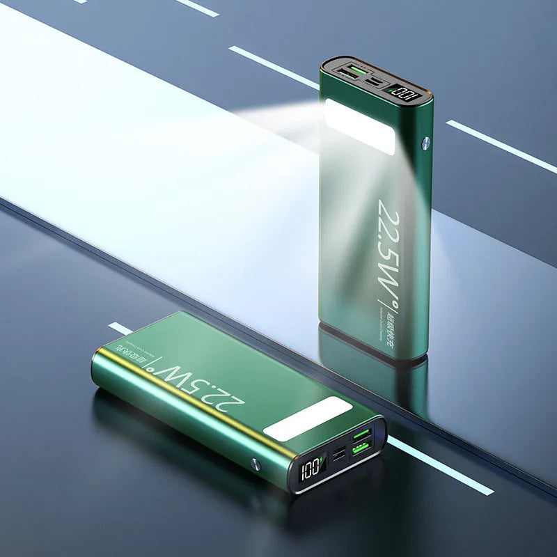 Alloy shell power bank with LCD display showing battery percentage, available in black, green, red, and blue colours.