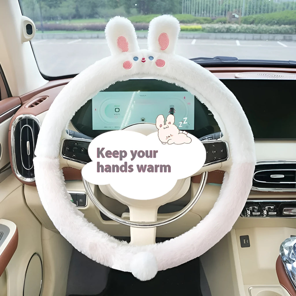 Plush car steering wheel cover with embroidered cartoon animal design for winter