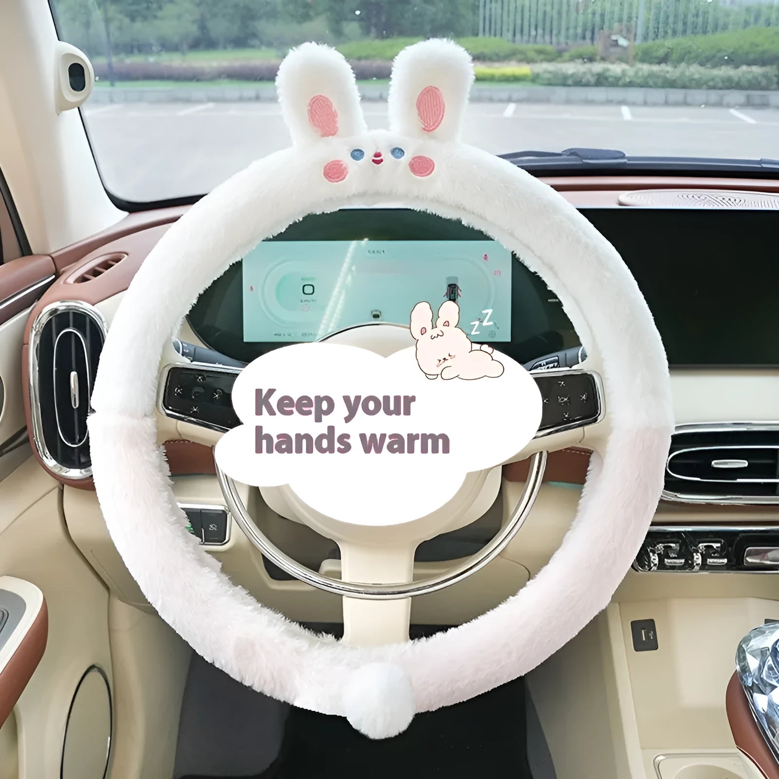 Plush car steering wheel cover with embroidered cartoon animal design for winter