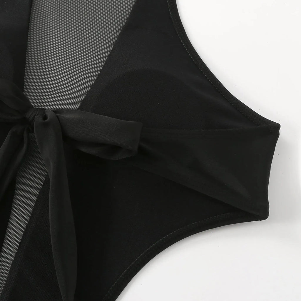 Women's one-piece swimsuit black nude back hollow out strap polyester swimming wear
