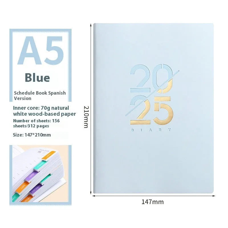 2025 A5 daily plan schedule book with soft faux leather cover in blue, pink, yellow, purple and green