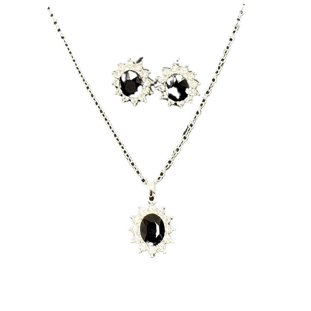 Alloy electroplated oval rhinestone earring and necklace set in blue display