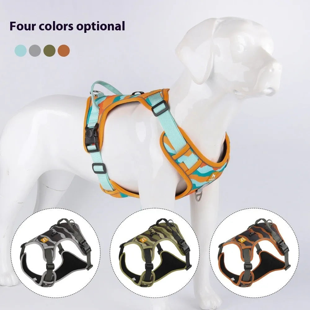 Orange reflective dog harness with chest and back straps and a hand-holding rope clip.