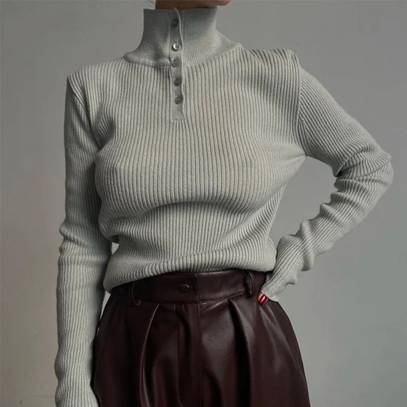 Retro half turtleneck pullover sweater in slim fit with single-breasted placket