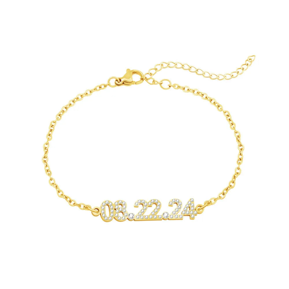Stainless steel digital bracelet with diamond-studded numbers on display.